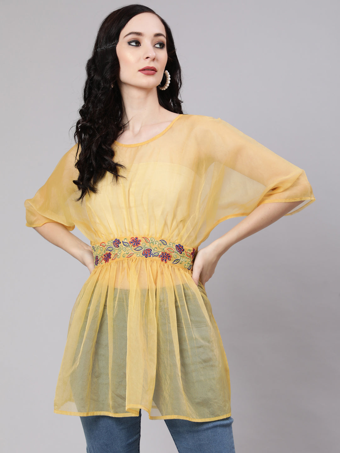 Women's Yellow Embroidered Tunic - Aks