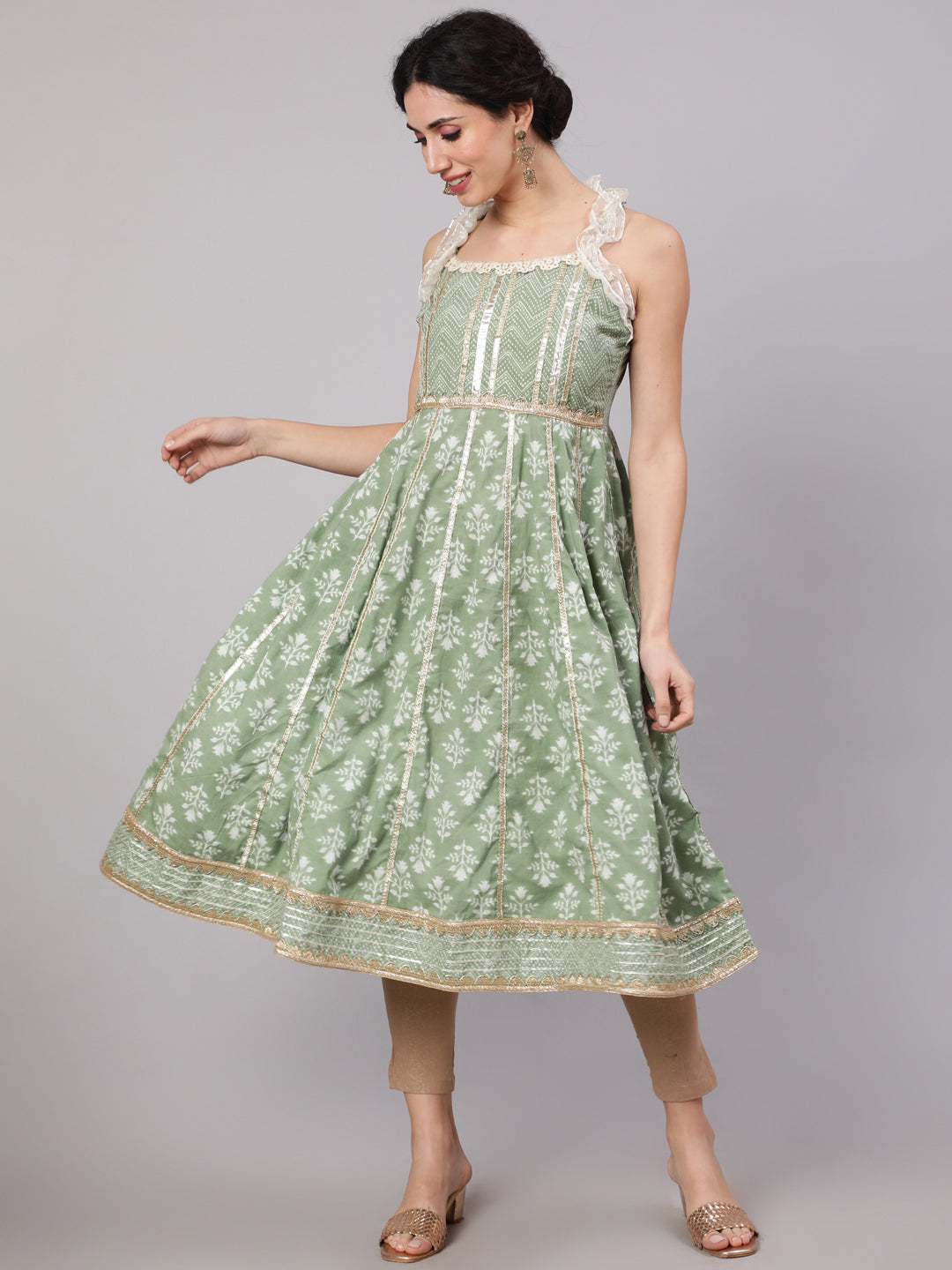 Women's Pastel Green Printed Anarkali With Lace Details - Aks