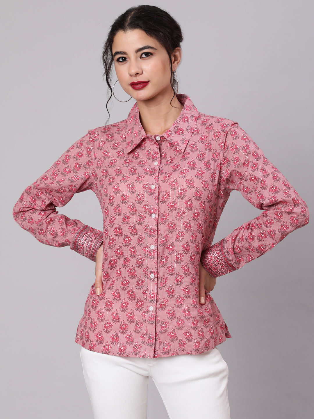 Women's Pink Floral Print Lurex Shirt - Aks