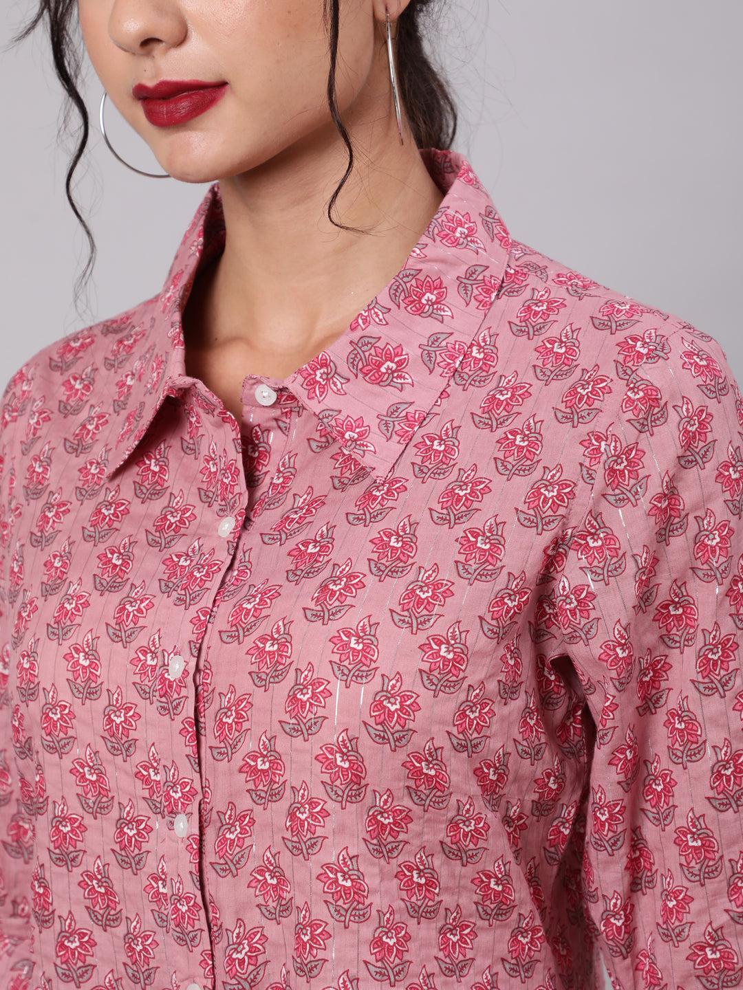 Women's Pink Floral Print Lurex Shirt - Aks