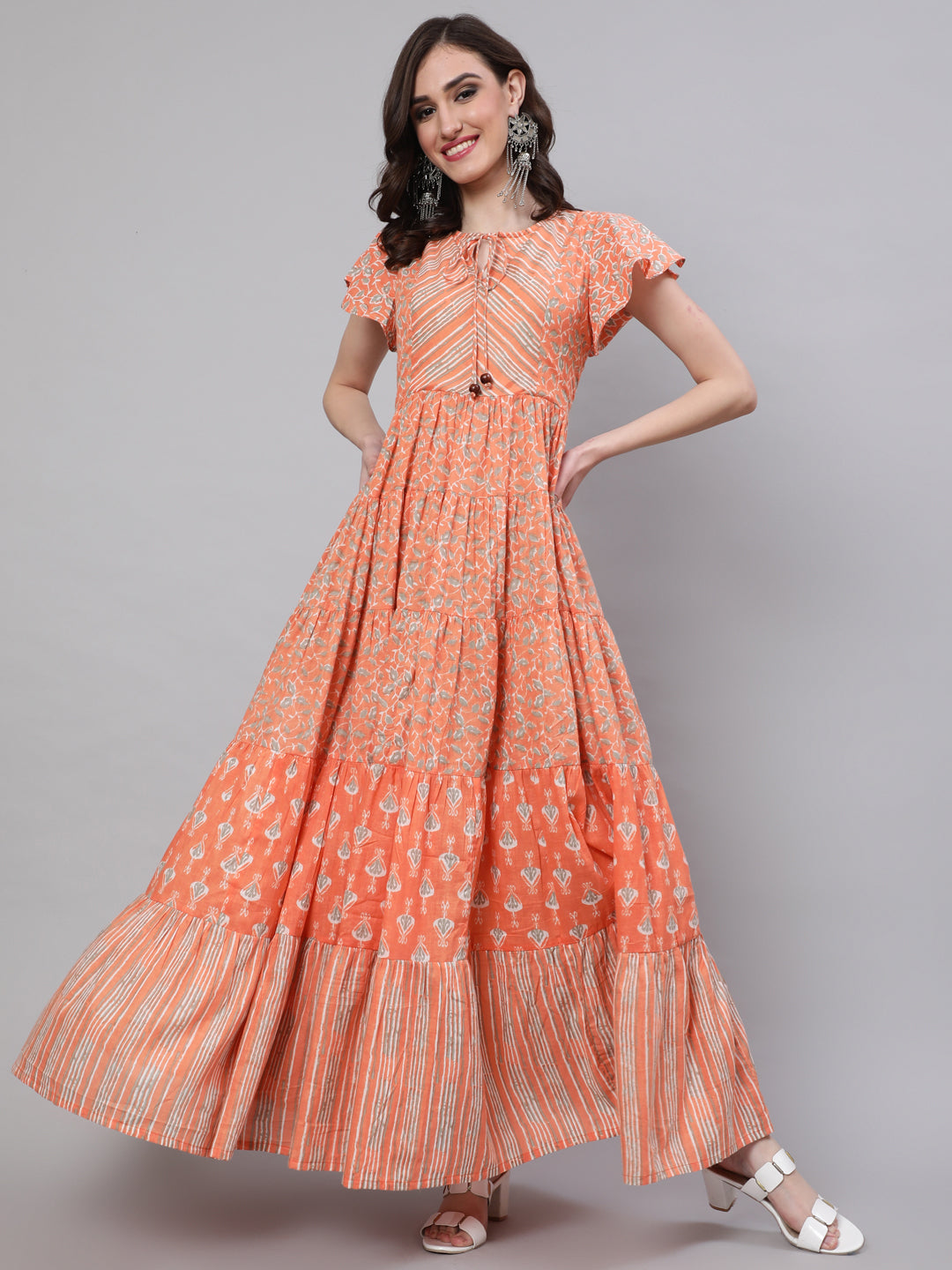 Women's Peach Printed Tiered Maxi Dress - Aks