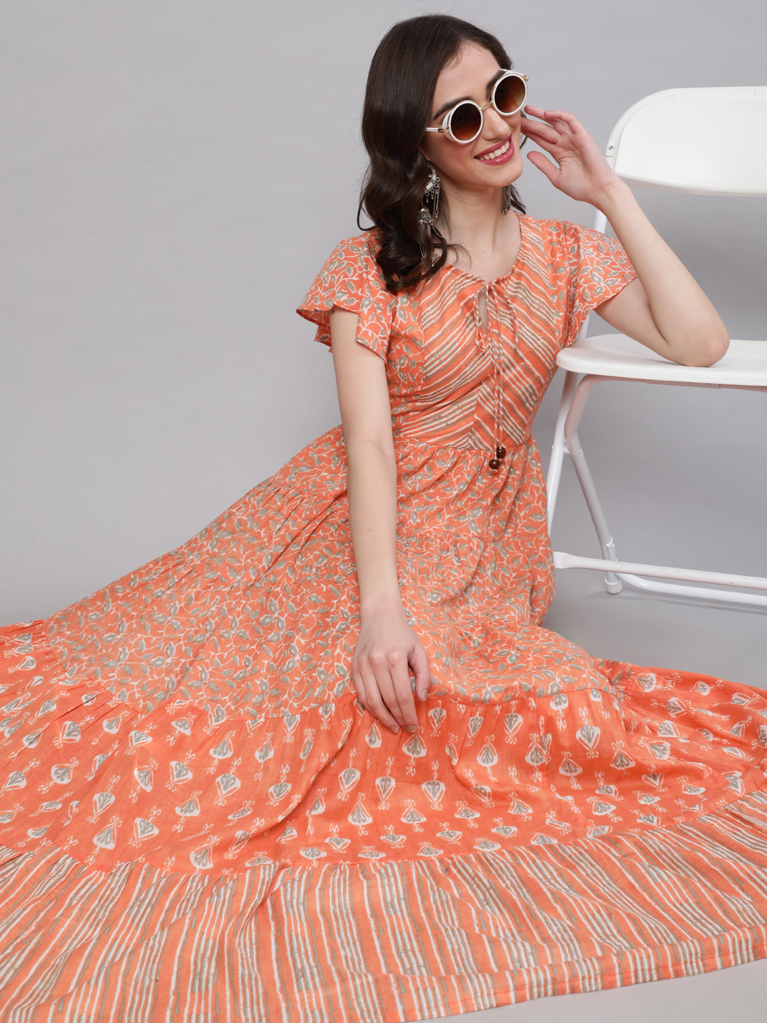 Women's Peach Printed Tiered Maxi Dress - Aks