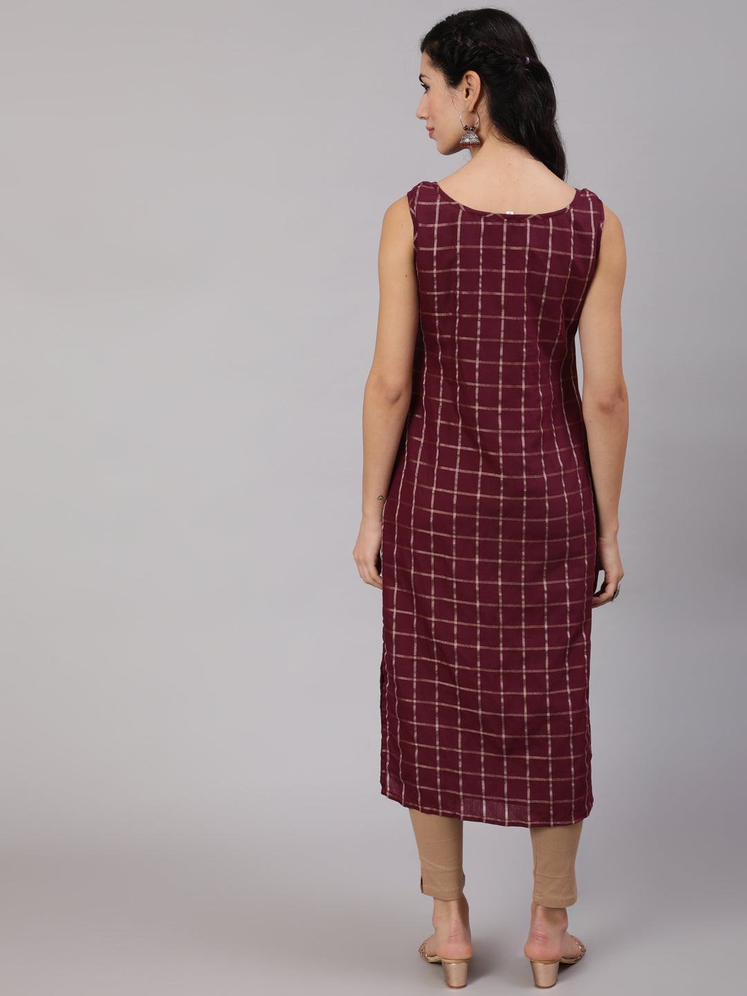 Women's Burgundy Checked Kurta With Lace Details - Aks