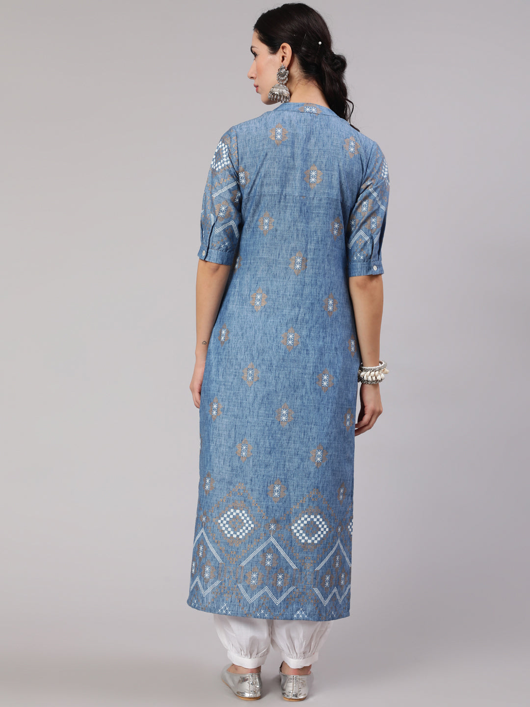 Women's Blue Printed Long Kurta - Aks