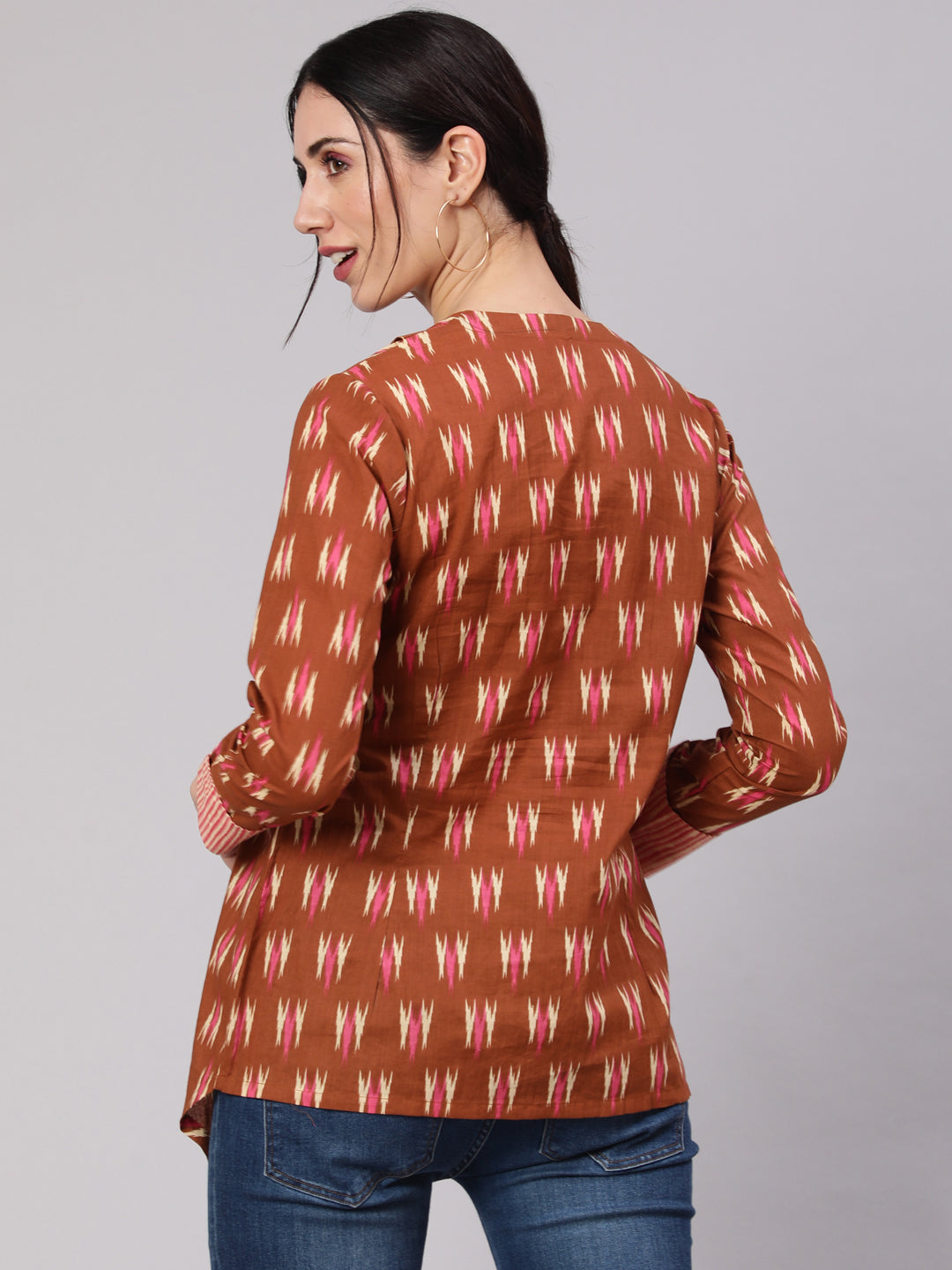 Women's Brown Ikat Print Layered Top - Aks