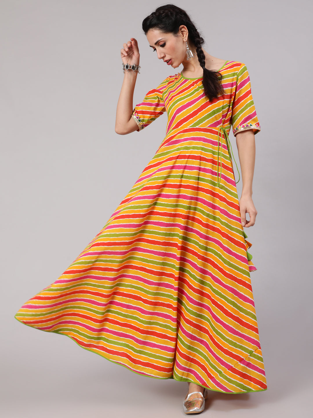 Women's Multicolor Leheriya Print Maxi Dress - Aks