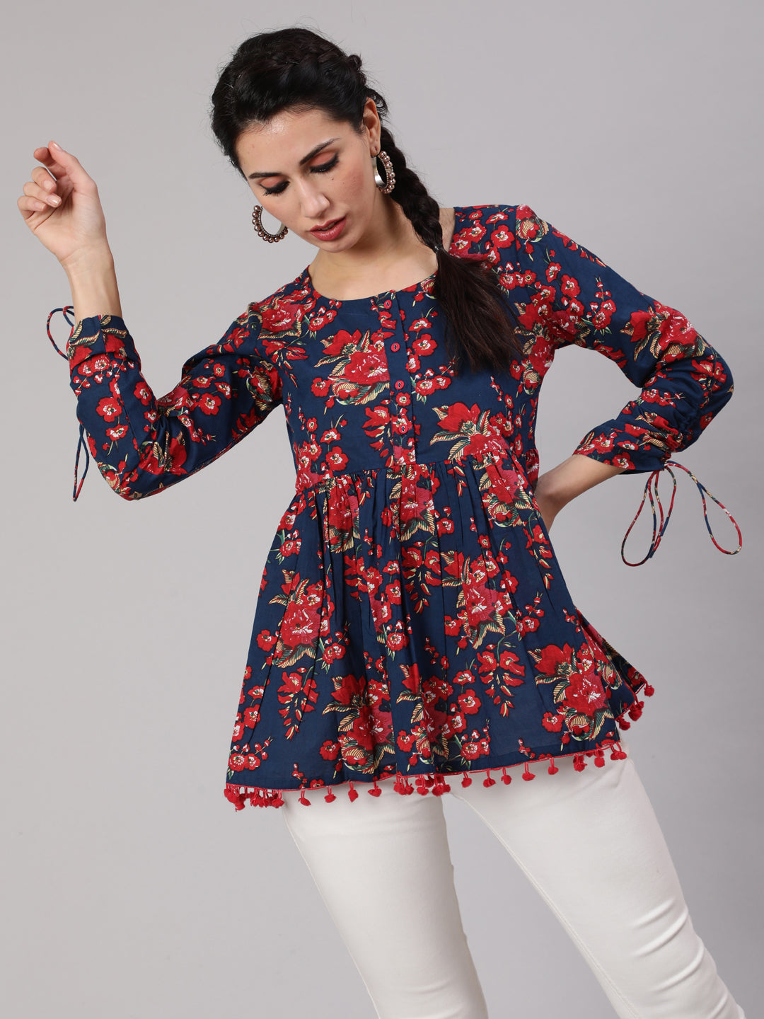 Women's Navy Blue Floral Printed Gathered Tunic - Aks