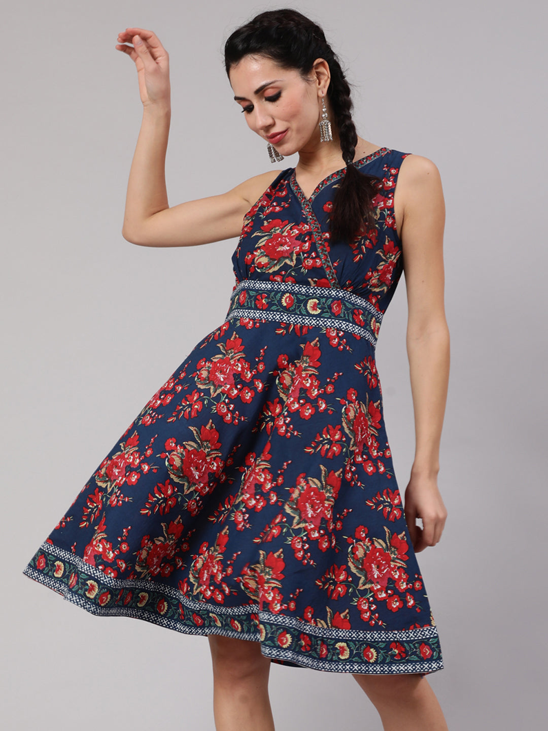Women's Navy Blue Floral Print Short Dress - Aks