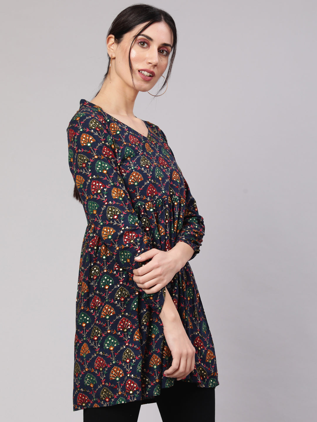 Women's Navy Blue Gold Printed Flared Tunic - Aks