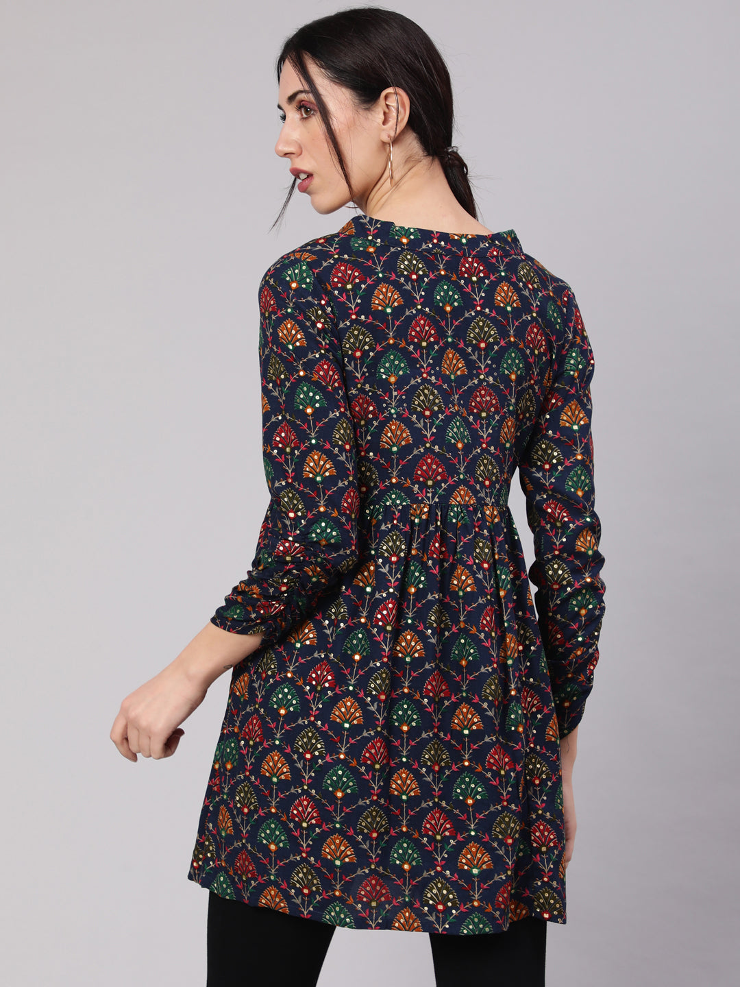 Women's Navy Blue Gold Printed Flared Tunic - Aks