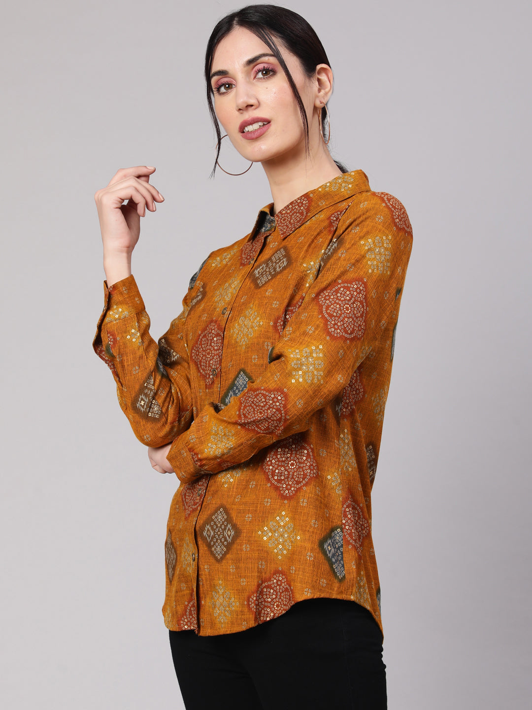 Women's Mustard Bandhani Print Shirt - Aks
