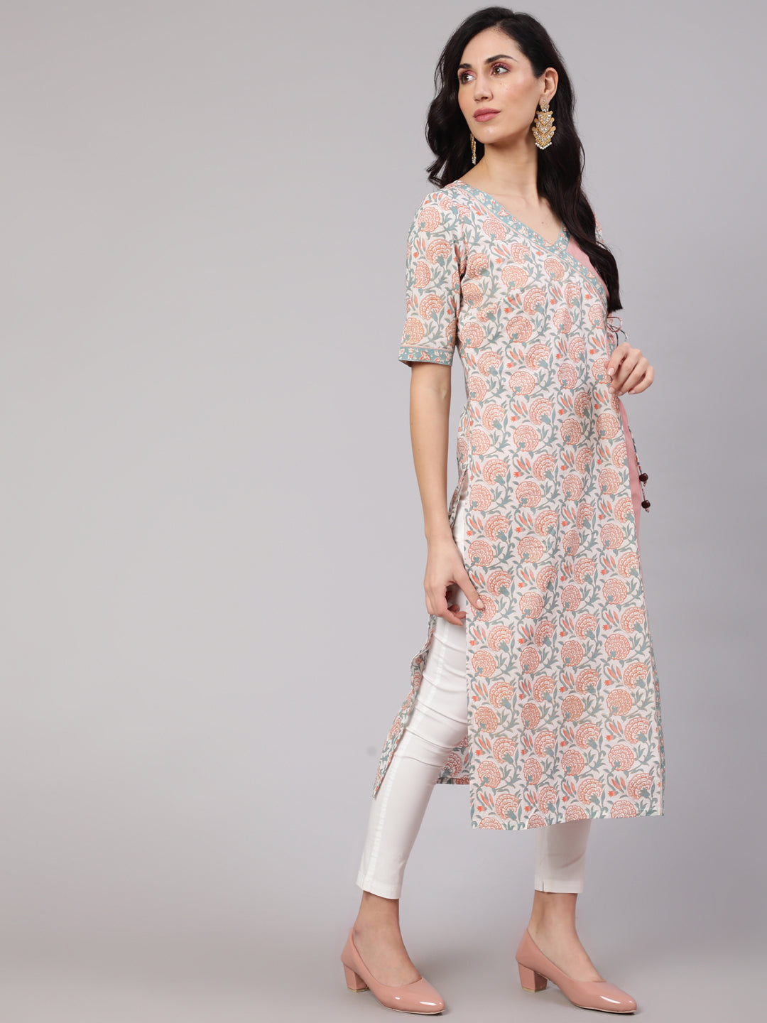 Women's White & Pink Floral Print Layered Kurta - Aks