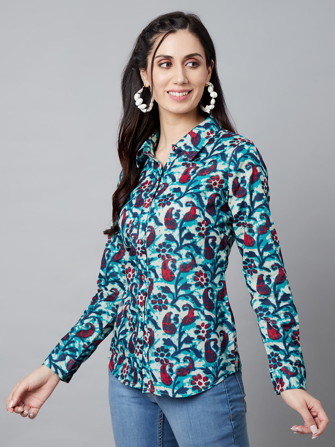 Women's Blue Floral Print Shirt - Aks