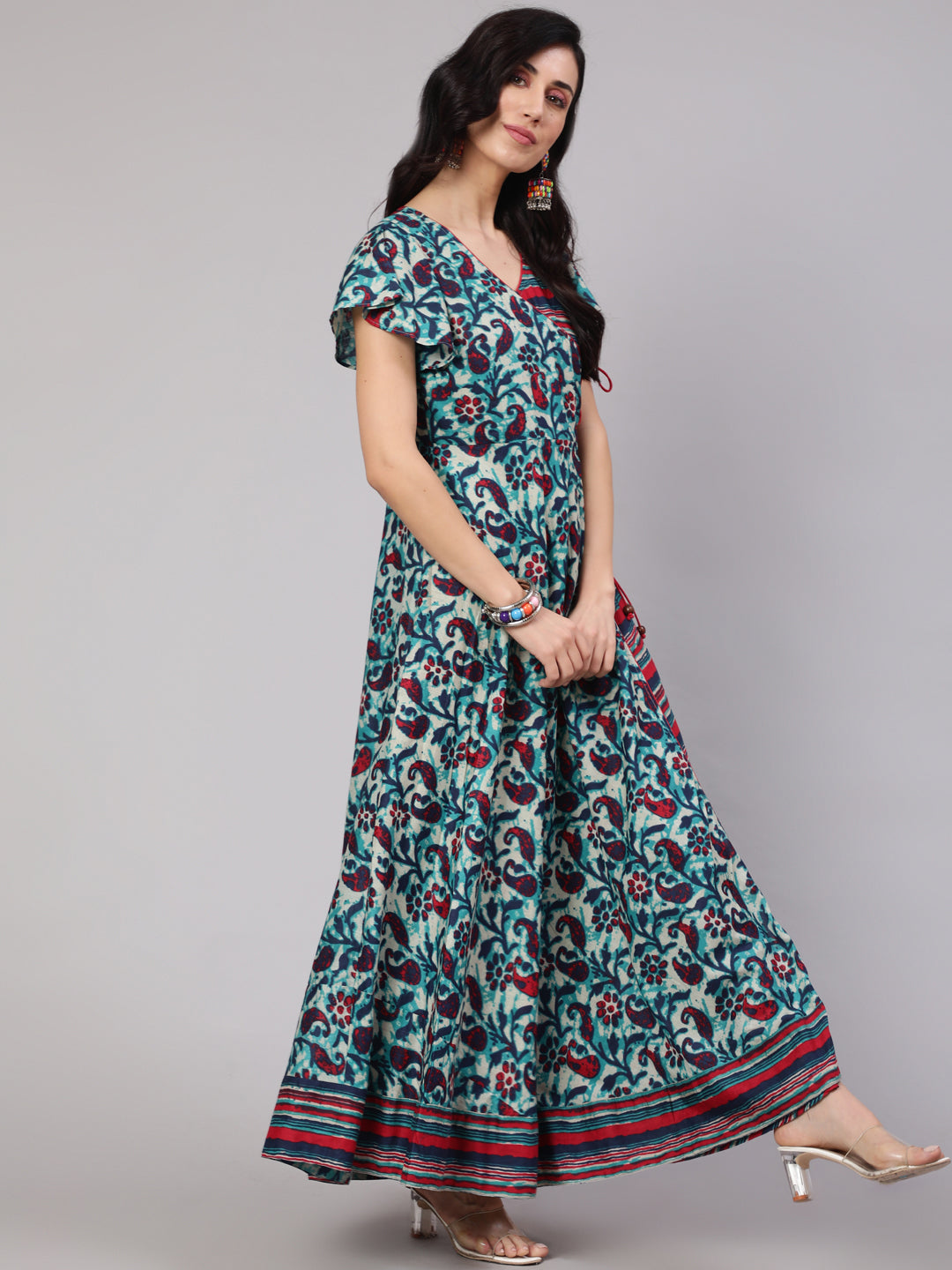 Women's Blue Floral Print Layered Maxi Dress - Aks