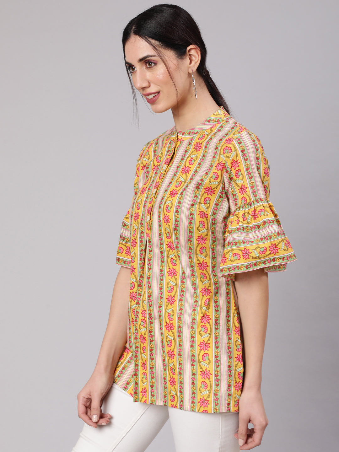 Women's Yellow Floral Print Tunic With Bell Sleeve - Aks