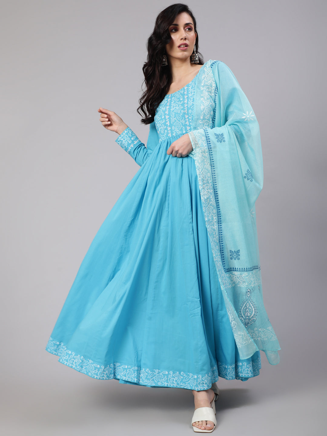 Women's Turquoise Blue Hand Blocked Maxi Dress With Dupatta - Aks