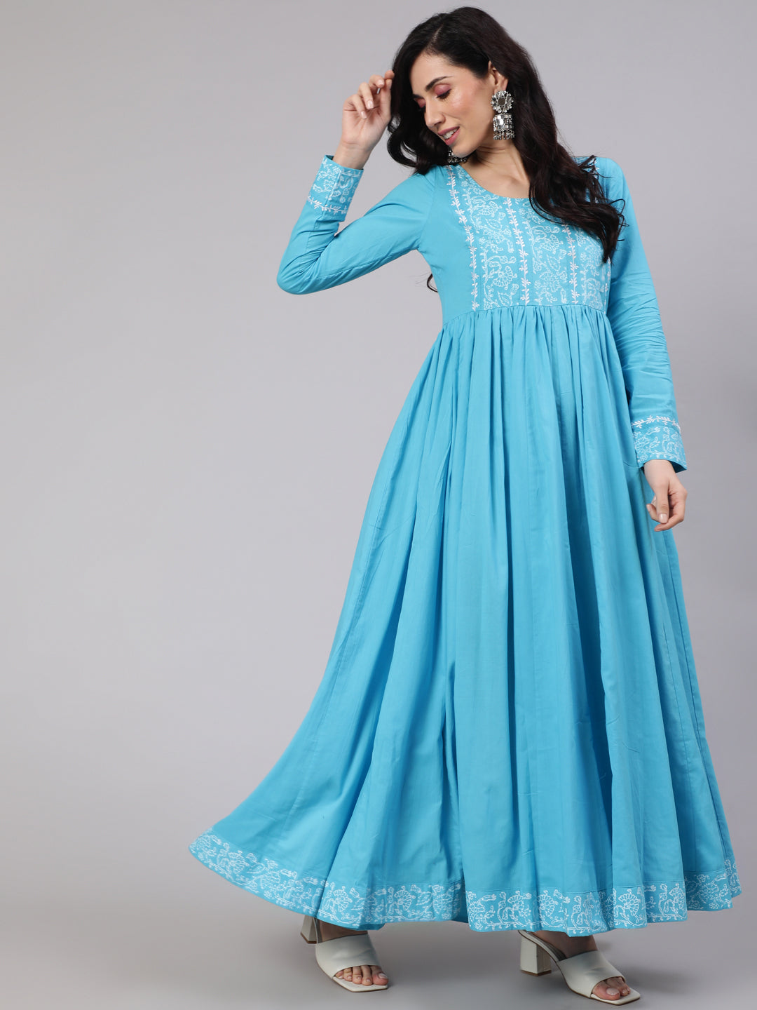 Women's Turquoise Blue Hand Blocked Maxi Dress With Dupatta - Aks
