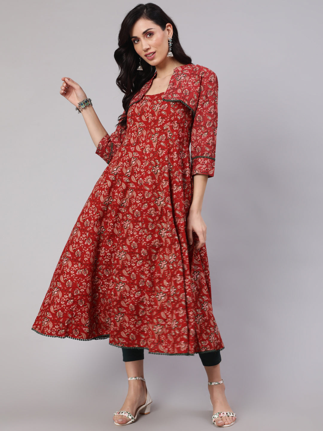 Women's Red Floral Print Flared Anarkali With Crop Jacket - Aks