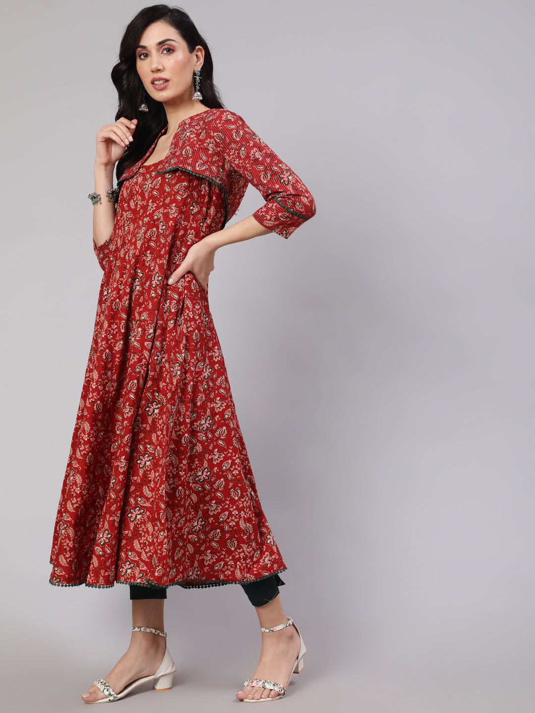Women's Red Floral Print Flared Anarkali With Crop Jacket - Aks