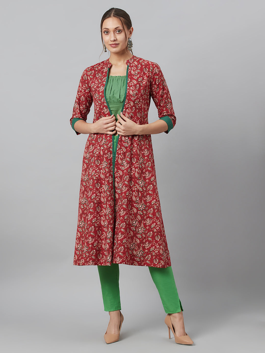 Women's Maroon Floral Print Kantha Work A-Line Jacket - Aks
