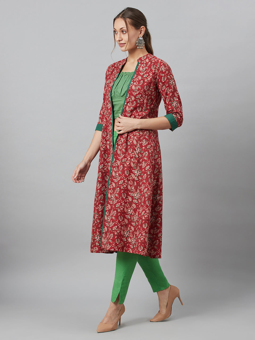 Women's Maroon Floral Print Kantha Work A-Line Jacket - Aks
