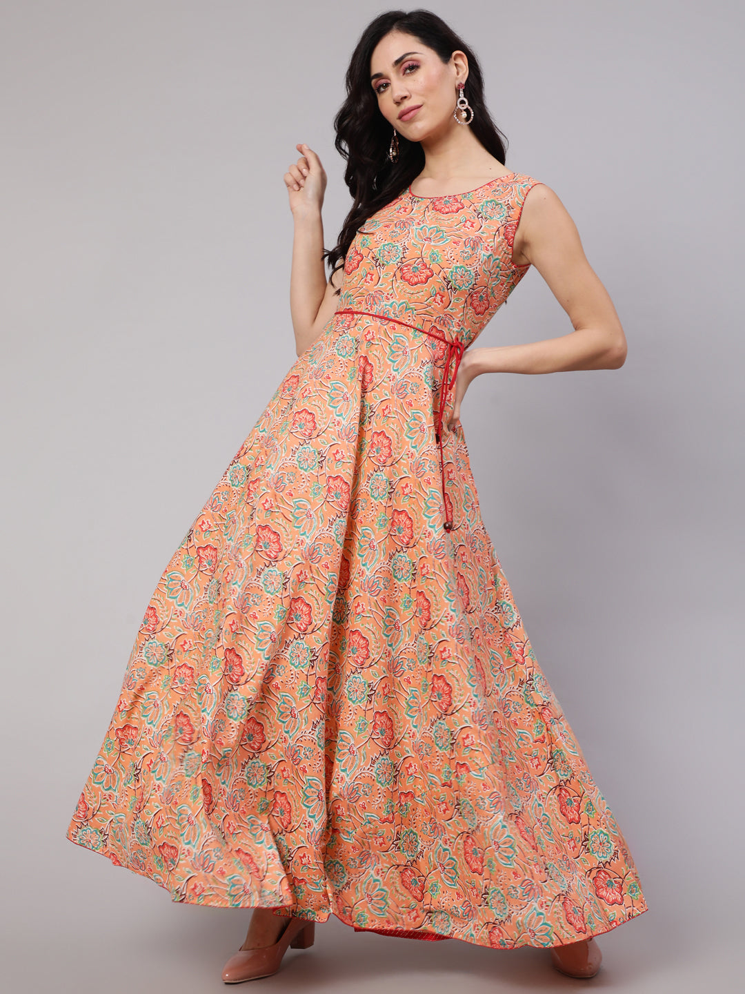 Women's Peach Floral Print Flared Maxi Dress - Aks