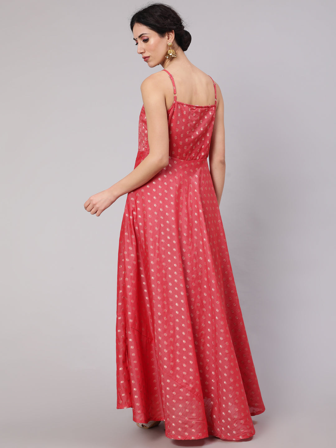 Women's Red Woven Design Flared Maxi Dress - Aks