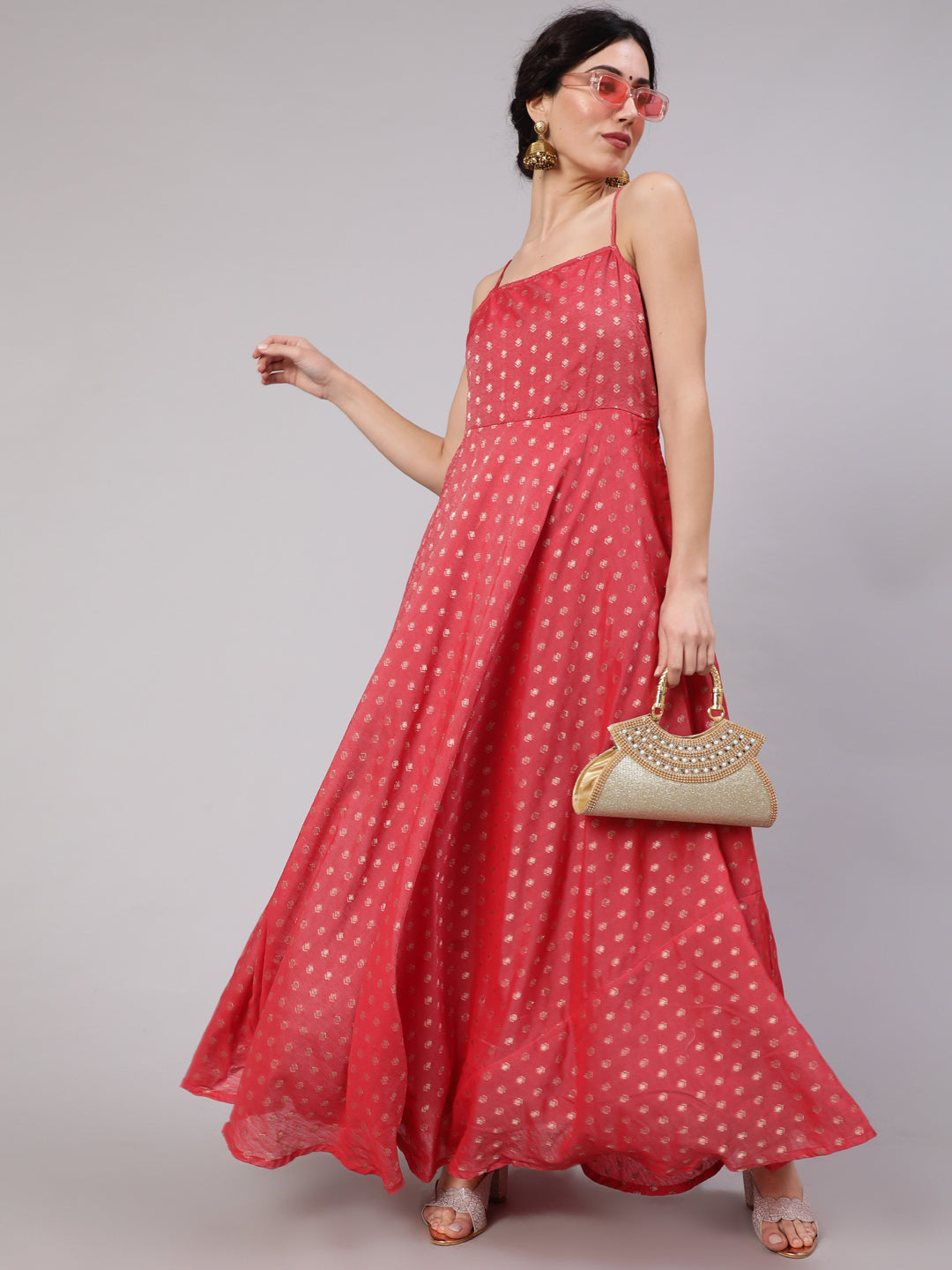 Women's Red Woven Design Flared Maxi Dress - Aks