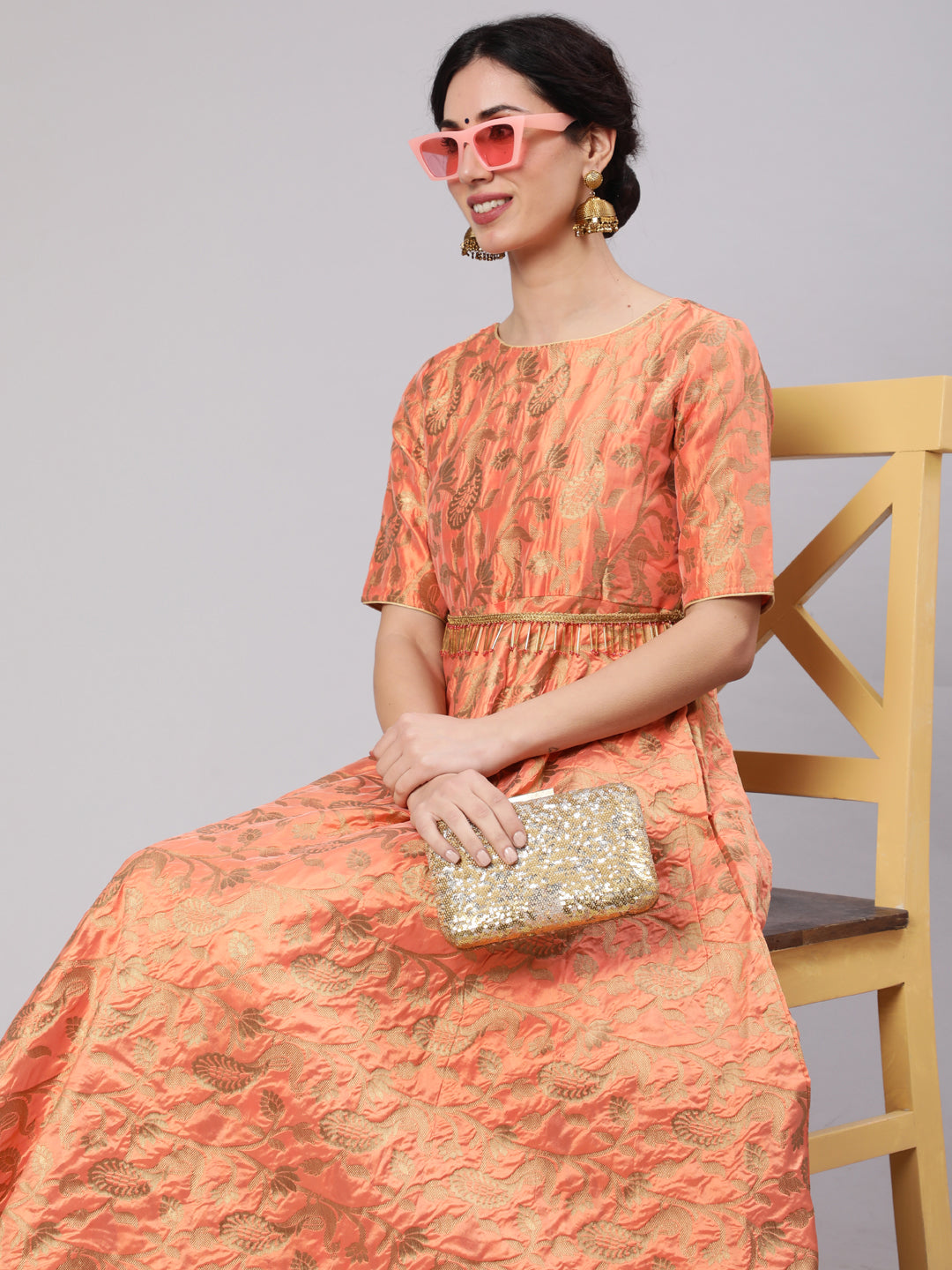 Women's Orange Jacquard Zari Work Flared Maxi Dress - Aks