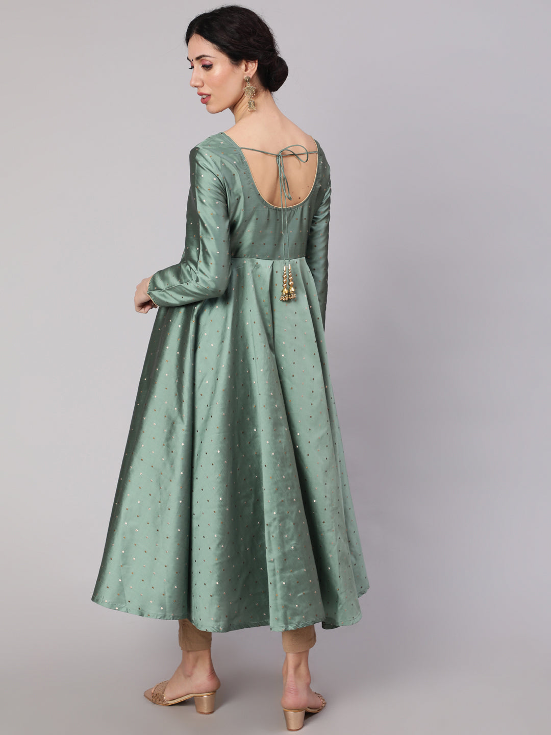 Women's Pastel Green Woven Design Flared Anarkali - Aks