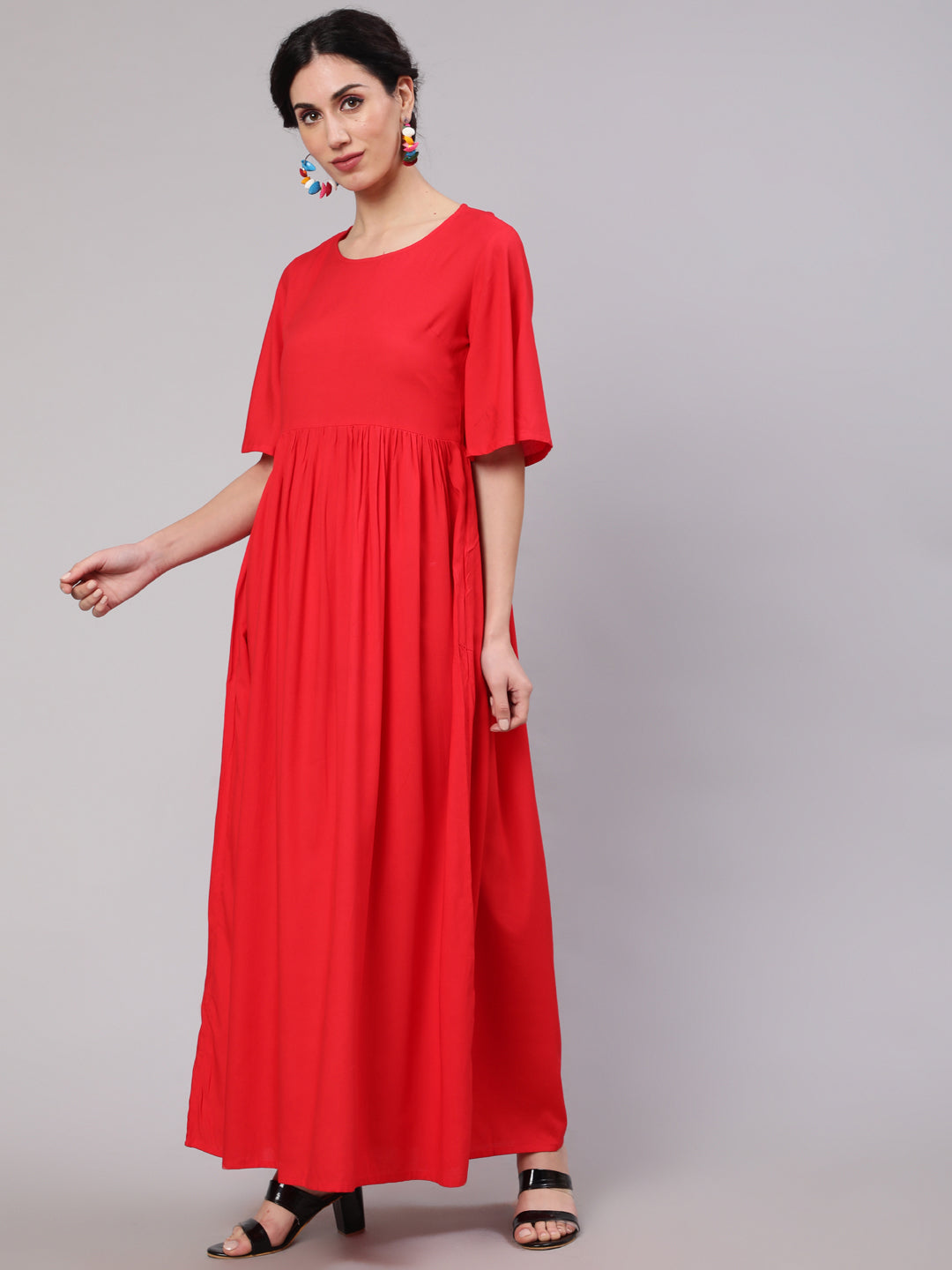 Women's Red Maxi Dress With Ikat Print Dupatta - Aks