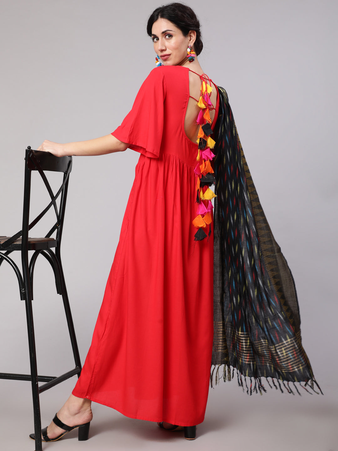 Women's Red Maxi Dress With Ikat Print Dupatta - Aks