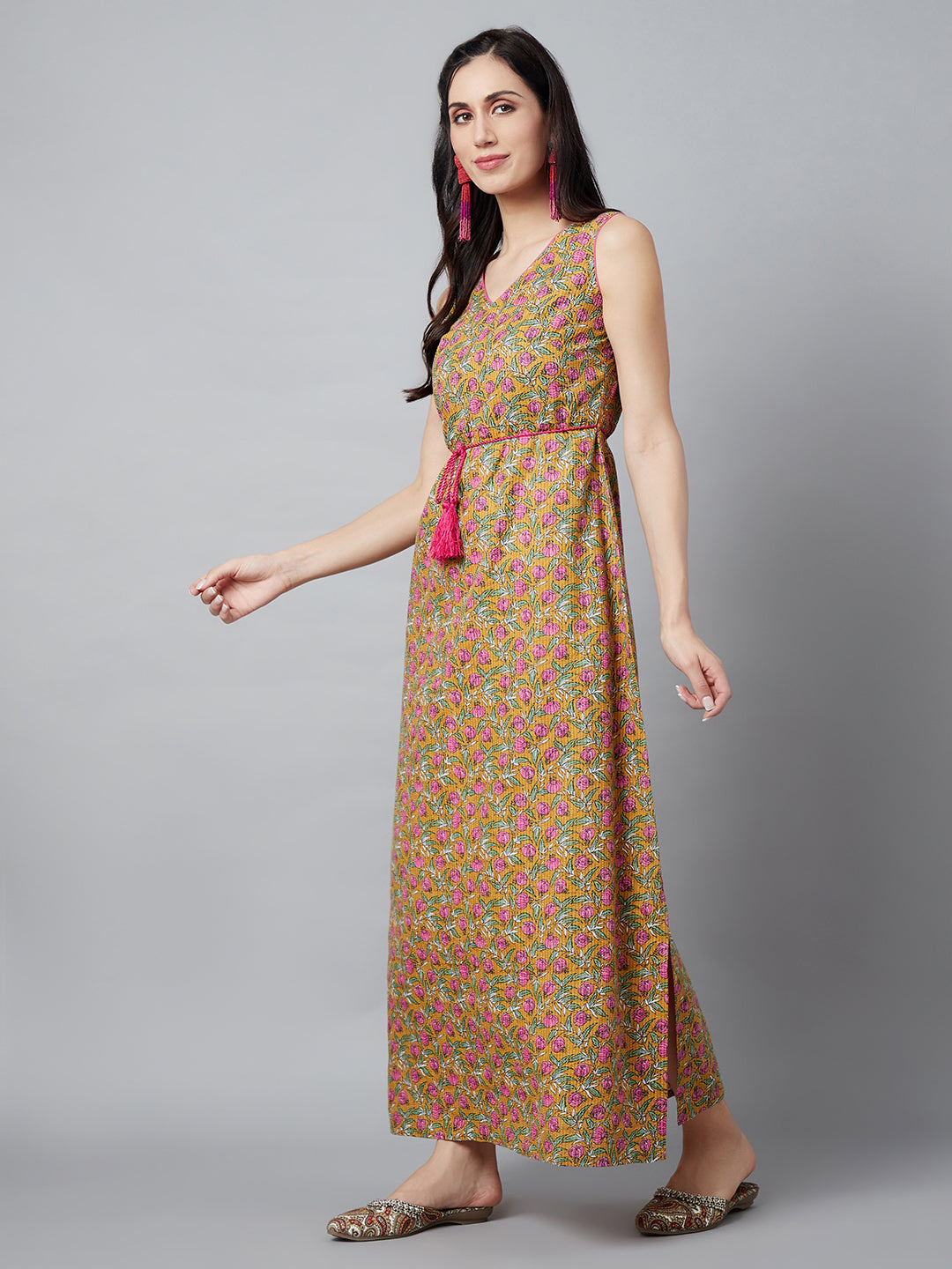 Women's Mustard Floral Print Dress - Aks