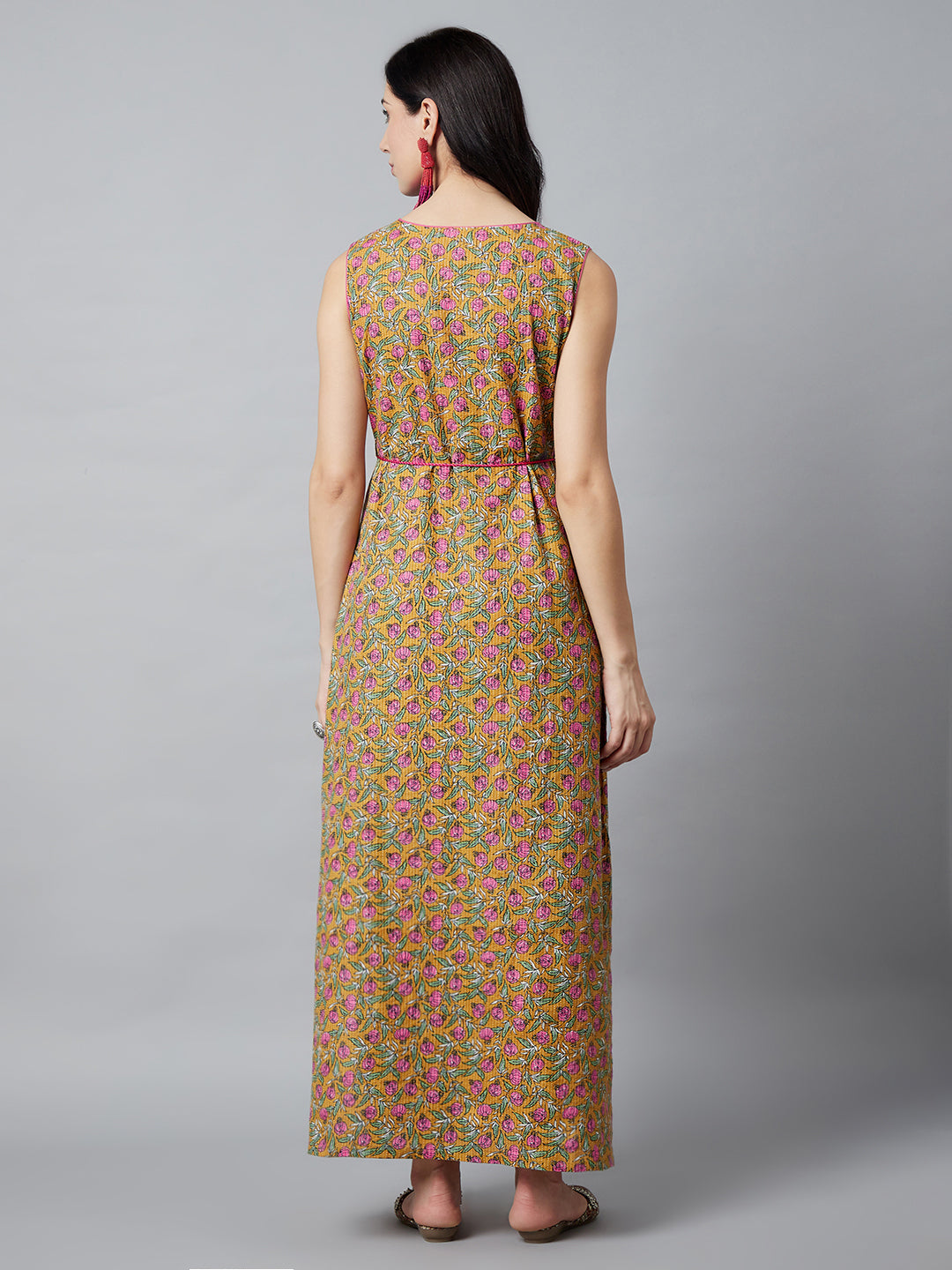 Women's Mustard Floral Print Dress - Aks