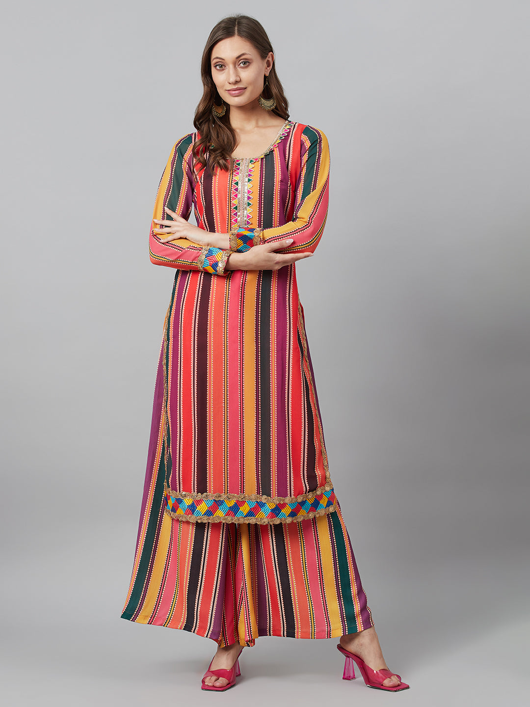 Women's Multicolor Printed Kurta With Lace Details - Aks