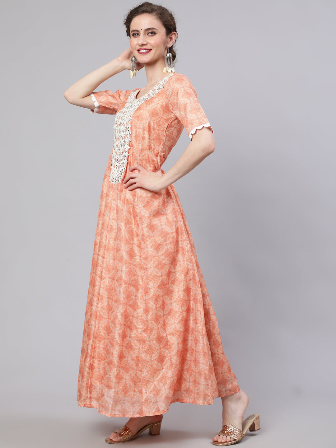 Women's Peach Printed Maxi Dress With Dupatta - Aks