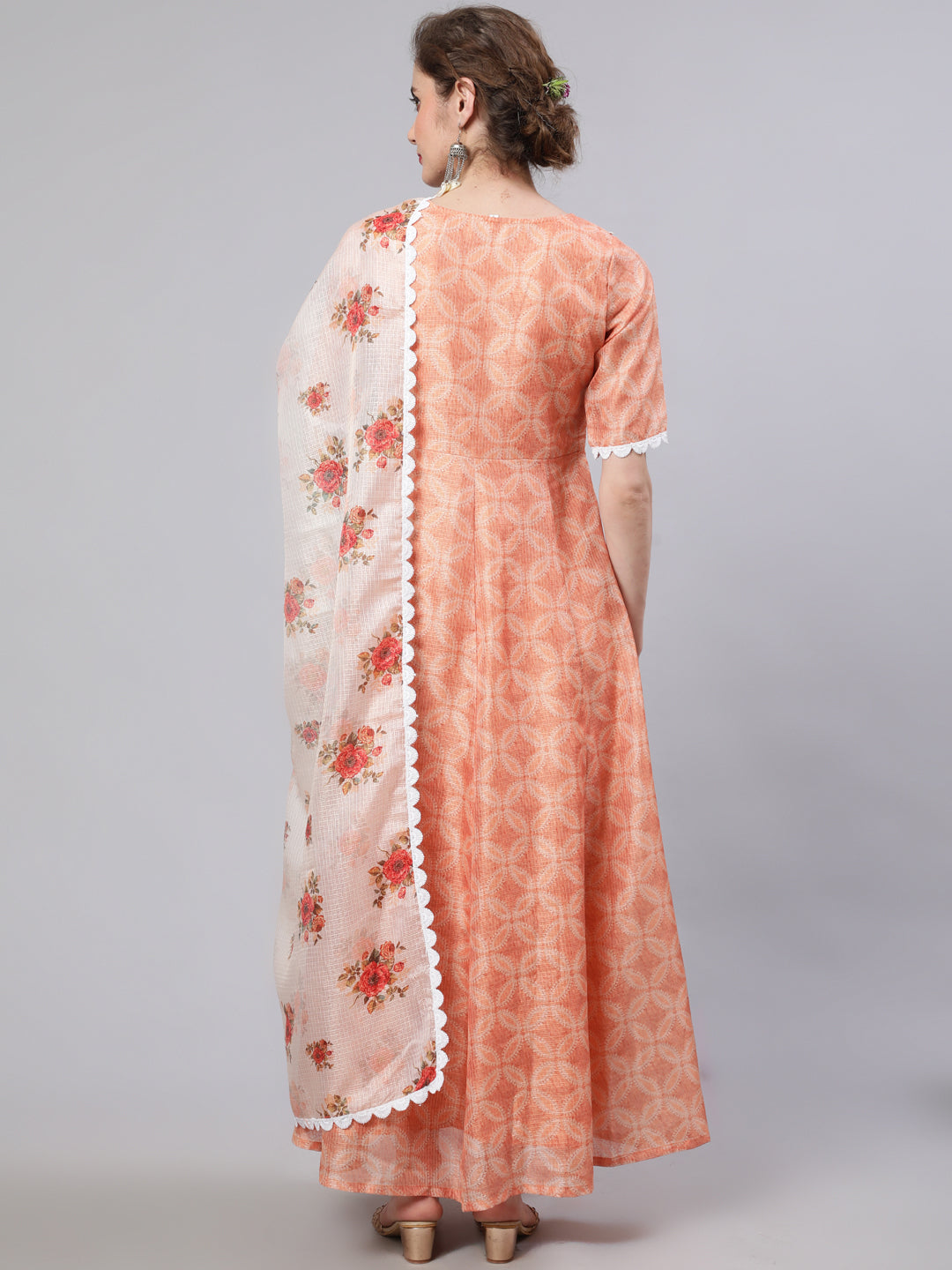 Women's Peach Printed Maxi Dress With Dupatta - Aks