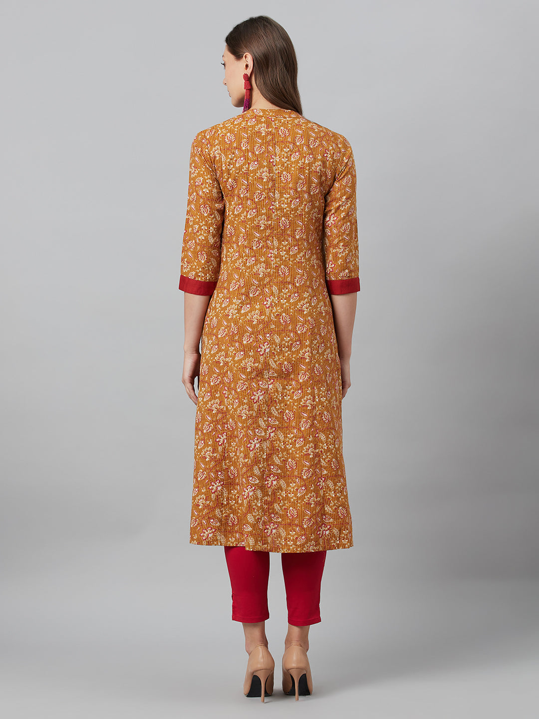 Women's Mustard Floral Print Kantha Work A-Line Jacket - Aks