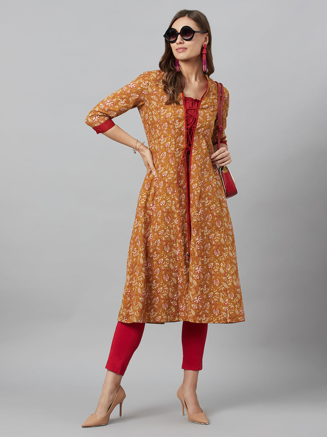 Women's Mustard Floral Print Kantha Work A-Line Jacket - Aks