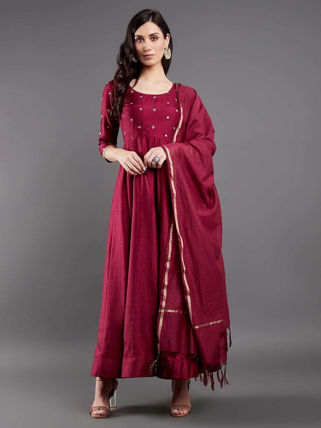 Women's Burgundy Embroidered Maxi Dress With Dupatta - Aks