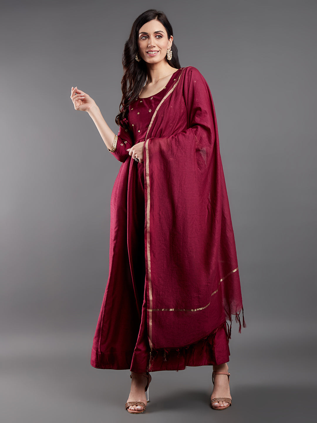 Women's Burgundy Embroidered Maxi Dress With Dupatta - Aks