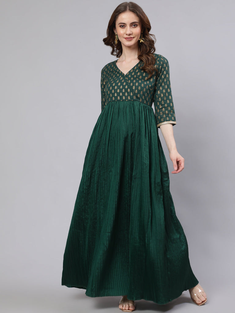 Women's Green Pleated Maxi Dress - USA Ready-To-Ship