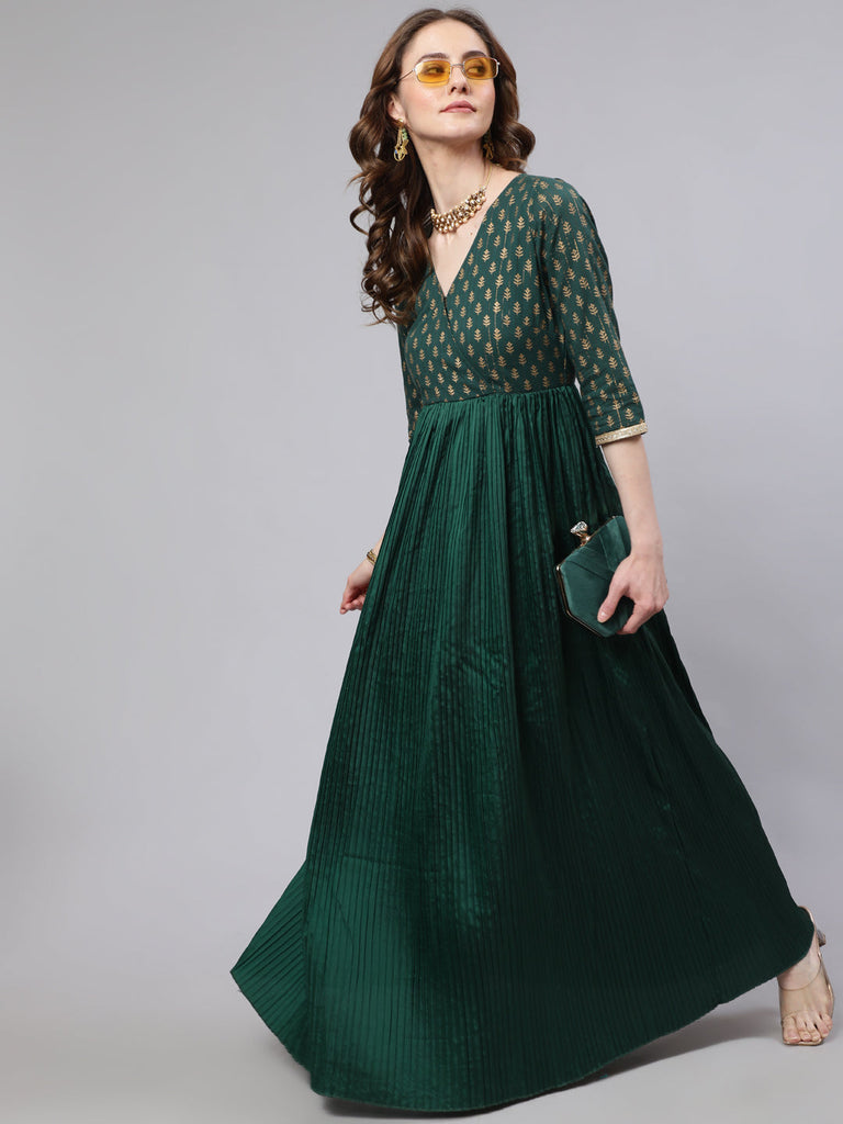 Women's Green Pleated Maxi Dress - USA Ready-To-Ship