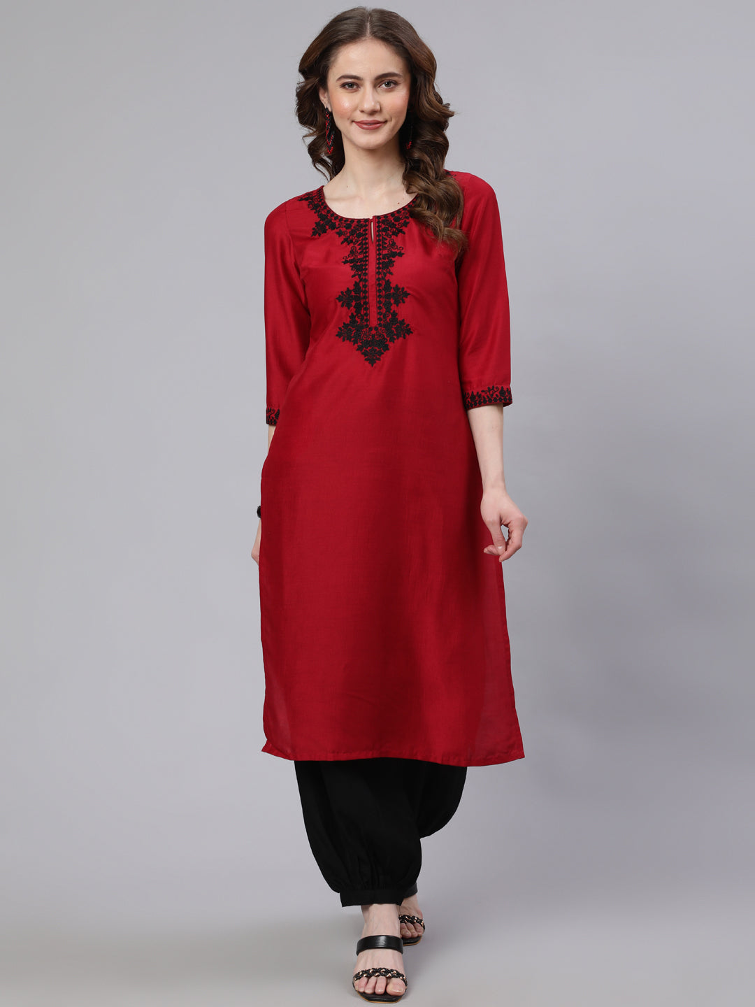 Women's Red Embroidered Straight Kurta - Aks
