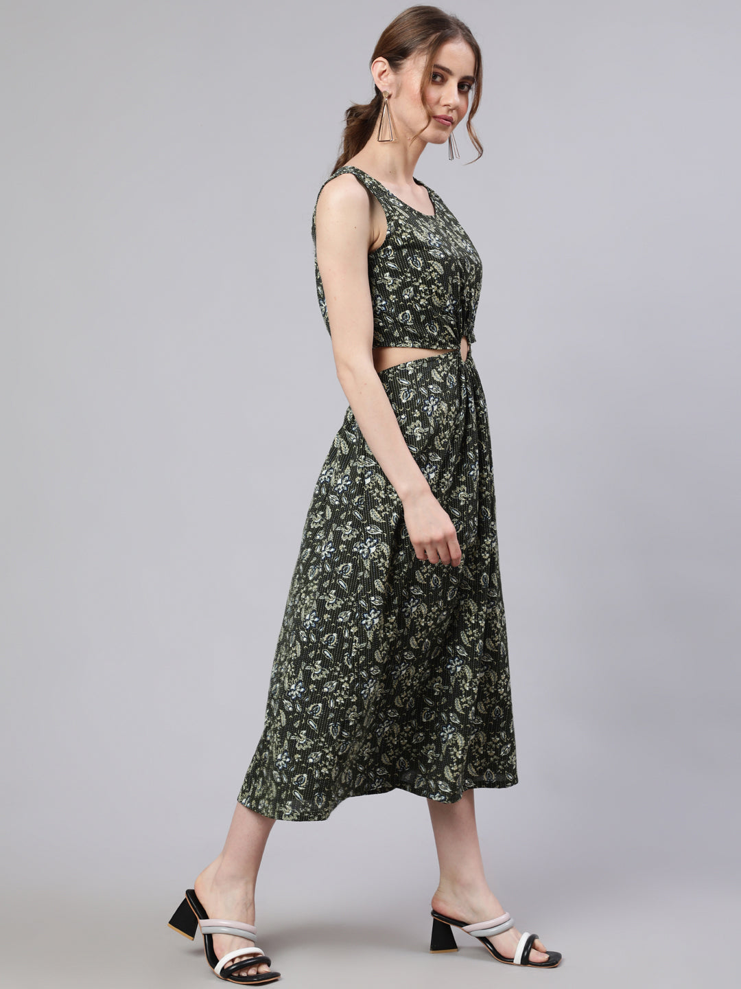 Women's Green Floral Print Cut-Out Midi Dress - Aks