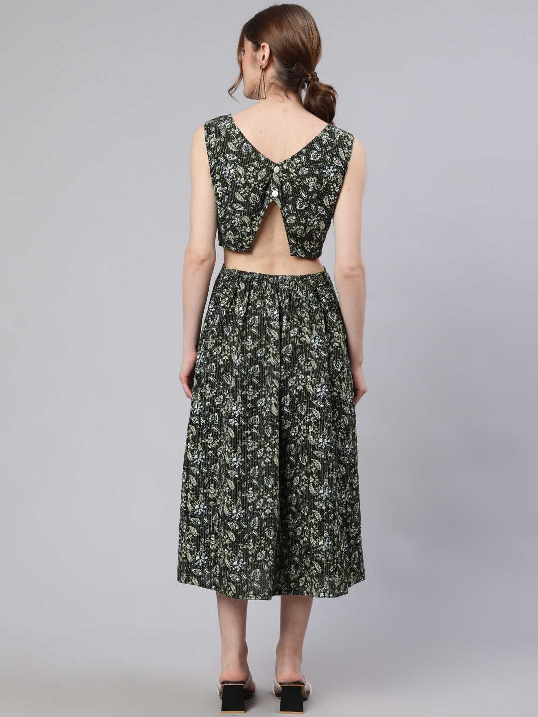 Women's Green Floral Print Cut-Out Midi Dress - Aks