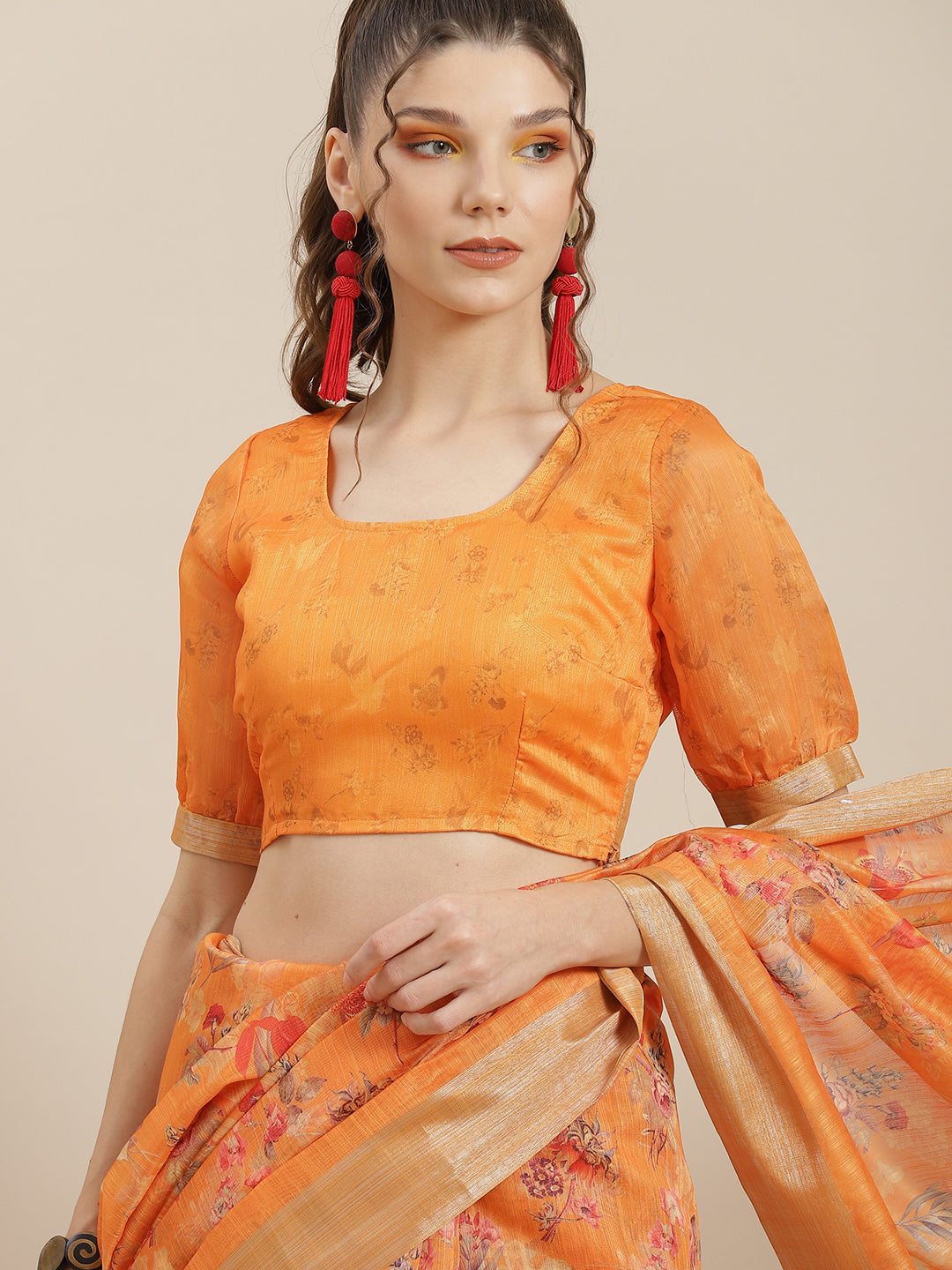 Women's Orange Floral Print Saree With Blouse Piece - Aks