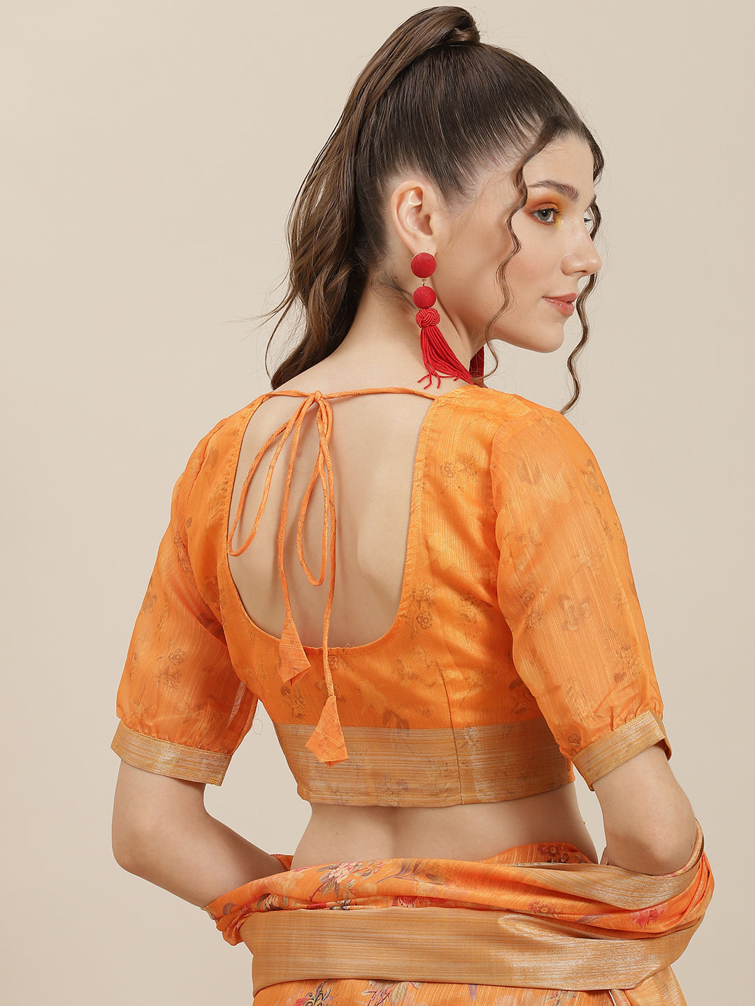Women's Orange Floral Print Saree With Blouse Piece - Aks