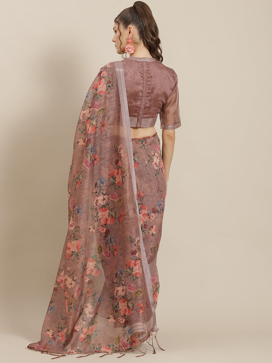 Women's Brown Floral Print Saree With Blouse Piece - Aks