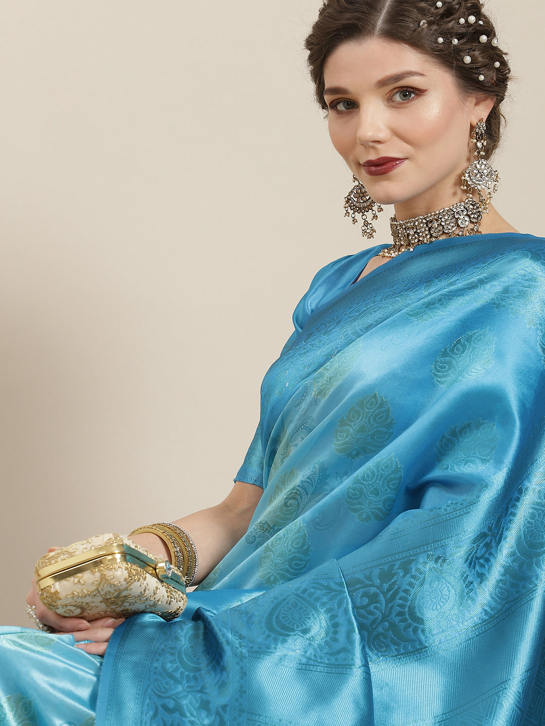 Women's Blue Gold Zari Work Banarasi Jacquard Saree With Blouse Piece - Aks